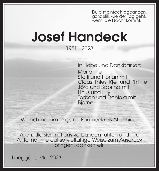Traueranzeige von Josef Handeck von Giessener Allgemeine, Alsfelder Allgemeine