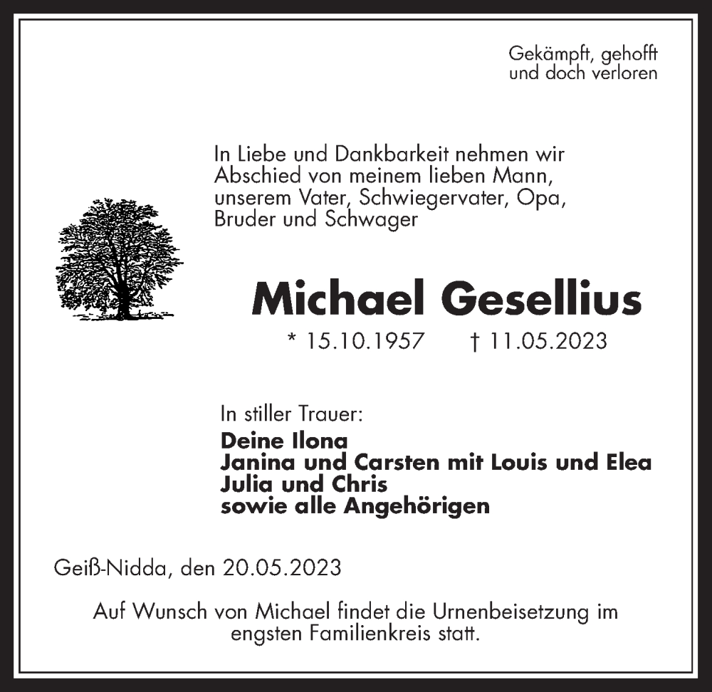  Traueranzeige für Michael Gesellius vom 20.05.2023 aus Kreis-Anzeiger