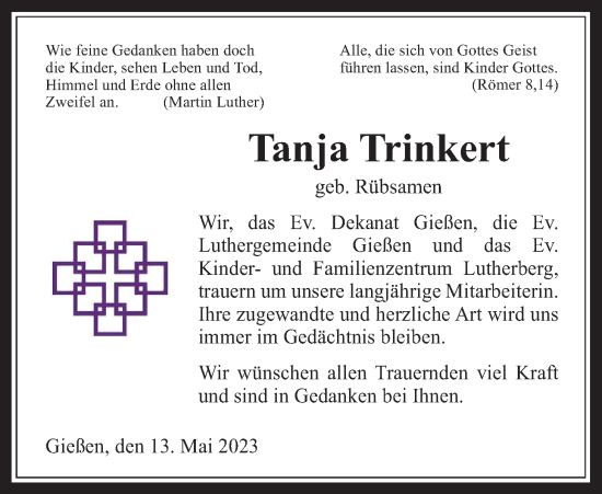 Traueranzeige von Tanja Trinkert von Giessener Anzeiger, Giessener Allgemeine, Alsfelder Allgemeine
