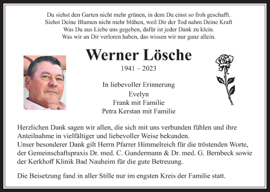 Traueranzeige von Werner Lösche von Wetterauer Zeitung