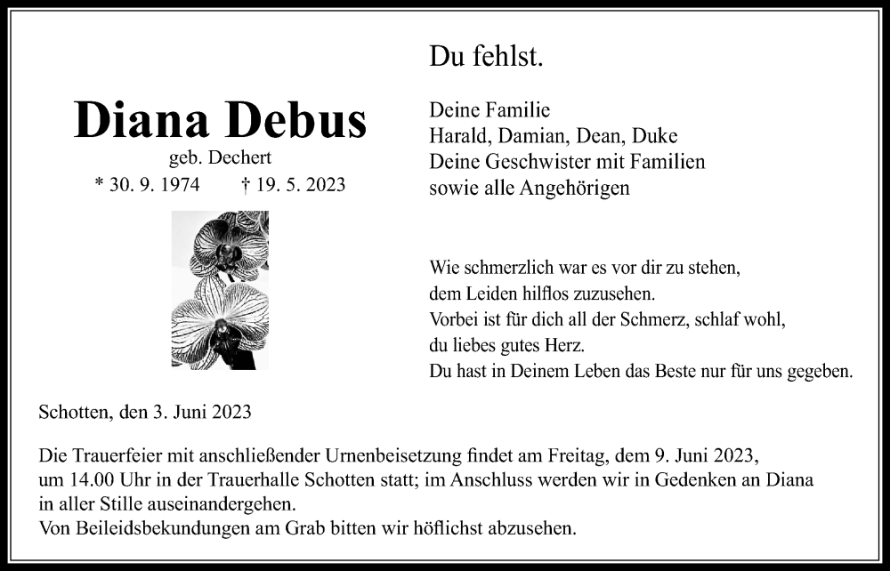  Traueranzeige für Diana Debus vom 03.06.2023 aus Kreis-Anzeiger