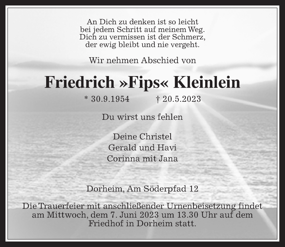  Traueranzeige für Friedrich Kleinlein vom 03.06.2023 aus Wetterauer Zeitung