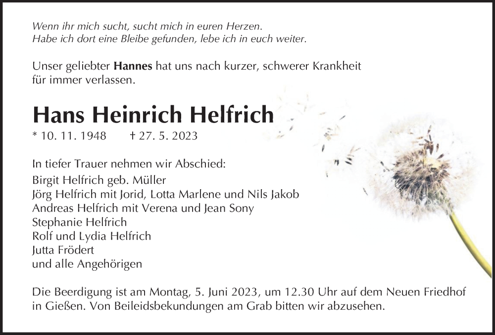  Traueranzeige für Hans Heinrich Helfrich vom 01.06.2023 aus Giessener Allgemeine, Alsfelder Allgemeine, Giessener Anzeiger
