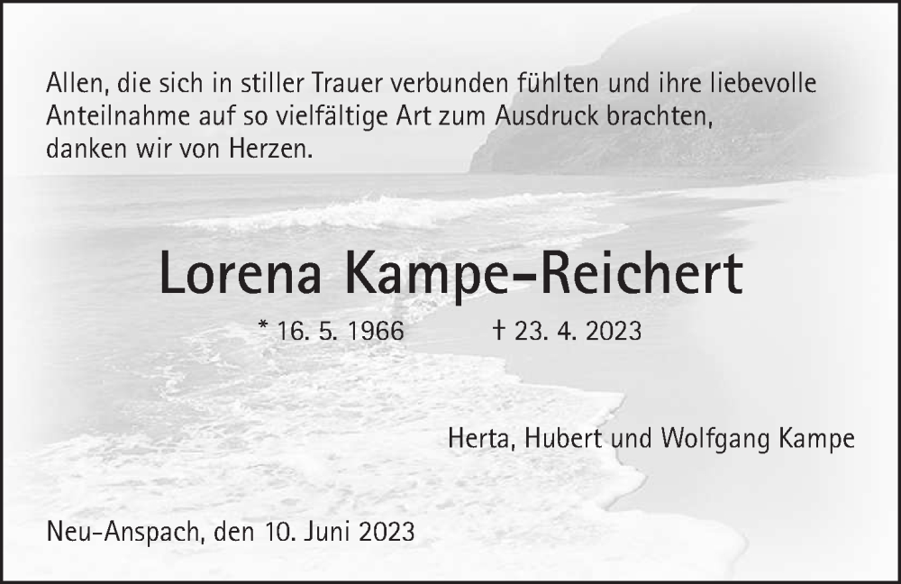  Traueranzeige für Lorena Kampe-Reichert vom 10.06.2023 aus 