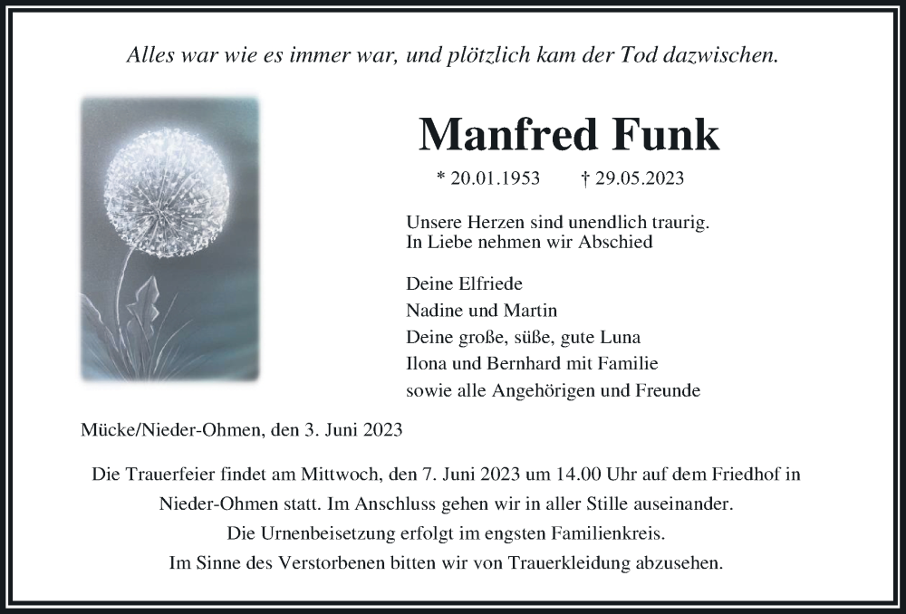  Traueranzeige für Manfred Funk vom 03.06.2023 aus Giessener Allgemeine, Alsfelder Allgemeine
