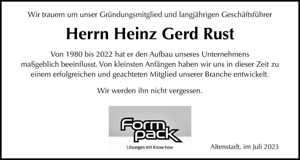  Traueranzeige für Heinz Gerd Rust vom 15.07.2023 aus Kreis-Anzeiger