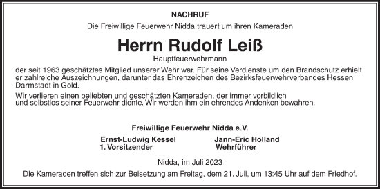 Traueranzeige von Rudolf Leiß von Kreis-Anzeiger