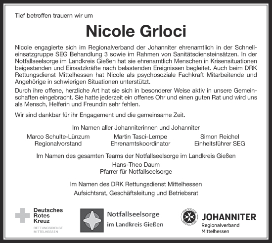 Traueranzeige von Nicole Grloci von Giessener Anzeiger, Giessener Allgemeine, Alsfelder Allgemeine