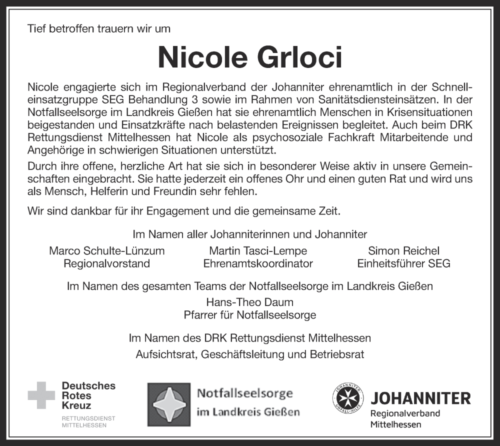  Traueranzeige für Nicole Grloci vom 11.08.2023 aus Giessener Anzeiger, Giessener Allgemeine, Alsfelder Allgemeine