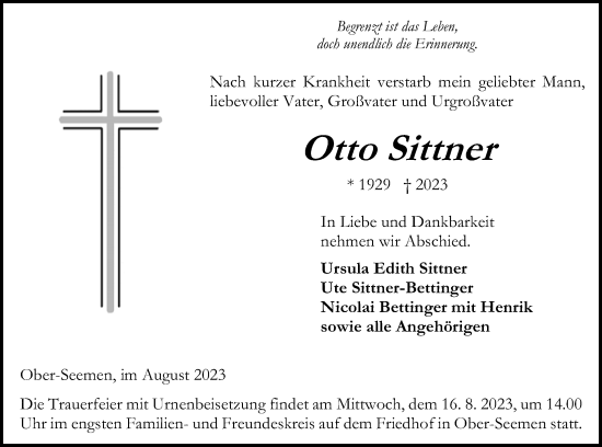 Traueranzeige von Otto Sittner von Kreis-Anzeiger