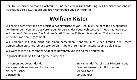 Traueranzeige von Wolfram Kister von Usinger Anzeiger