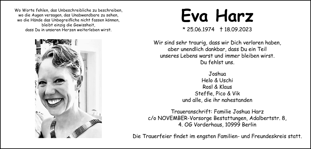  Traueranzeige für Eva Harz vom 23.09.2023 aus Wetterauer Zeitung