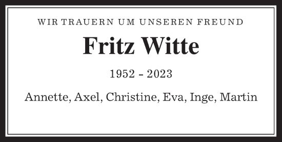 Traueranzeige von Fritz Witte von Wetterauer Zeitung