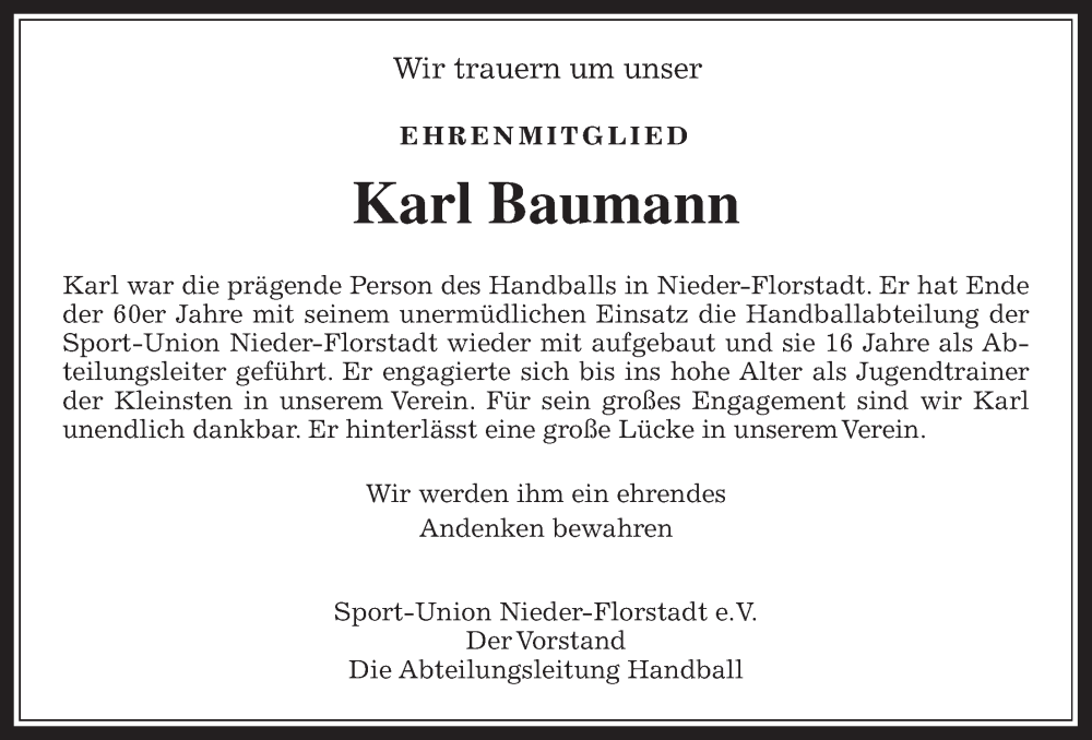  Traueranzeige für Karl Baumann vom 06.01.2024 aus Wetterauer Zeitung, Giessener Allgemeine, Alsfelder Allgemeine