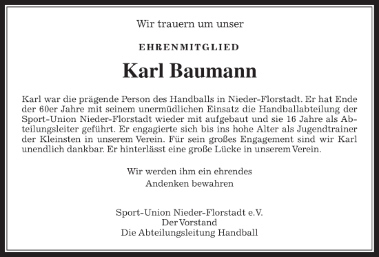 Traueranzeige von Karl Baumann von Wetterauer Zeitung, Giessener Allgemeine, Alsfelder Allgemeine