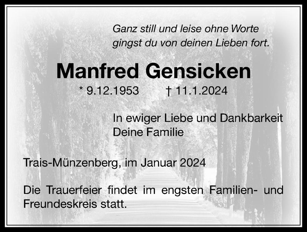  Traueranzeige für Manfred Gensicken vom 18.01.2024 aus Licher Wochenblatt, Licher Wochenblatt