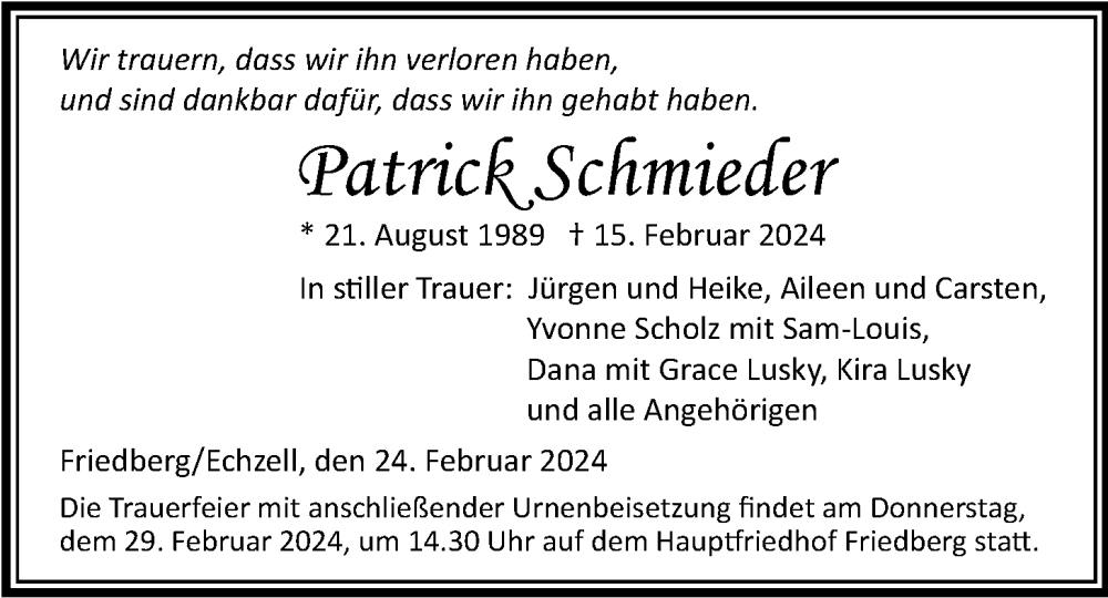 Traueranzeige für Patrick Schmieder vom 24.02.2024 aus Wetterauer Zeitung