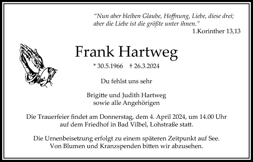  Traueranzeige für Frank Hartweg vom 28.03.2024 aus Bad Vilbel/Karben