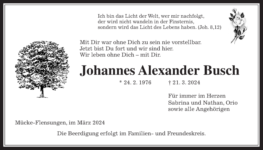  Traueranzeige für Johannes Alexander Busch vom 26.03.2024 aus Giessener Allgemeine, Alsfelder Allgemeine