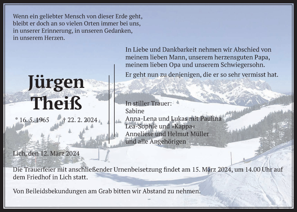  Traueranzeige für Jürgen Theiß vom 12.03.2024 aus Giessener Allgemeine, Alsfelder Allgemeine
