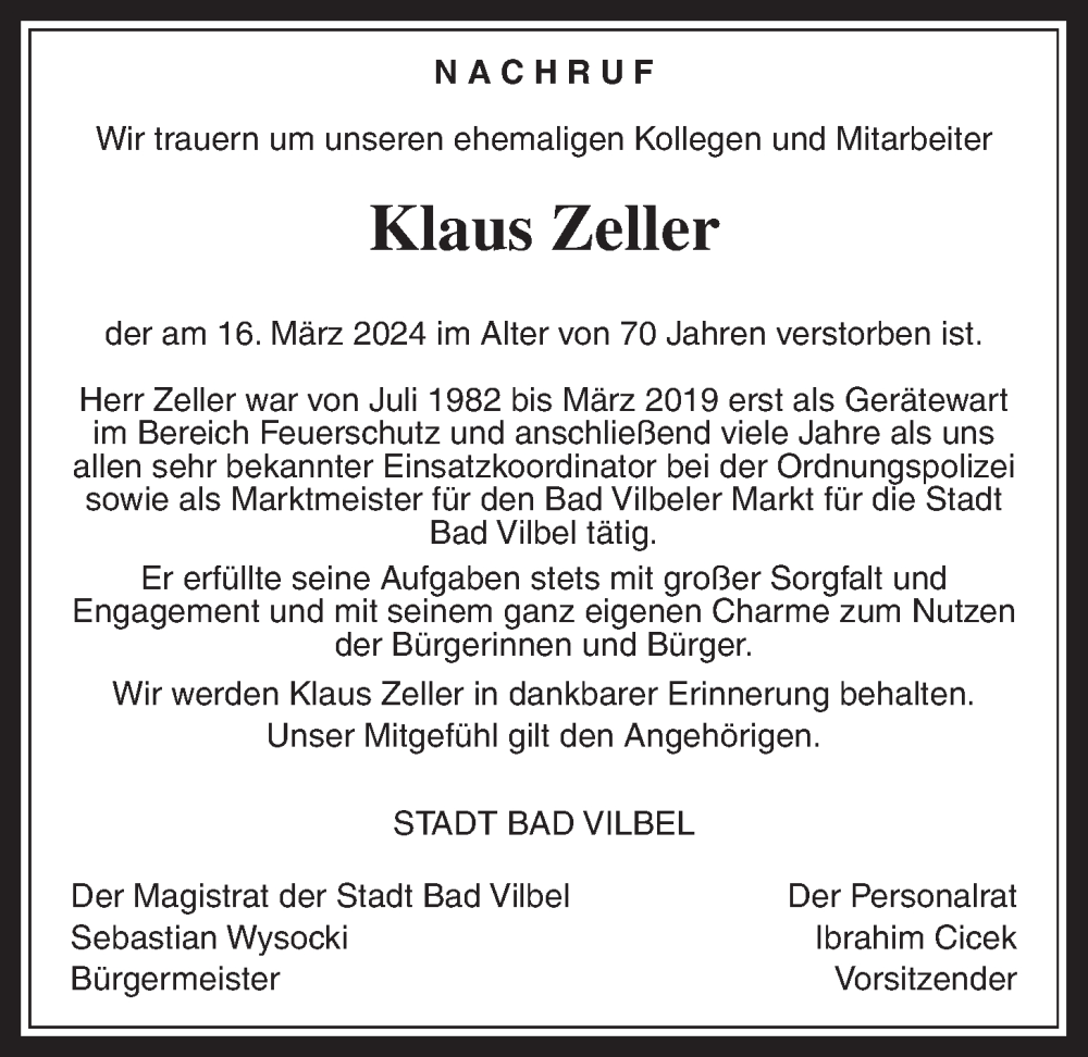  Traueranzeige für Klaus Zeller vom 21.03.2024 aus Bad Vilbel/Karben