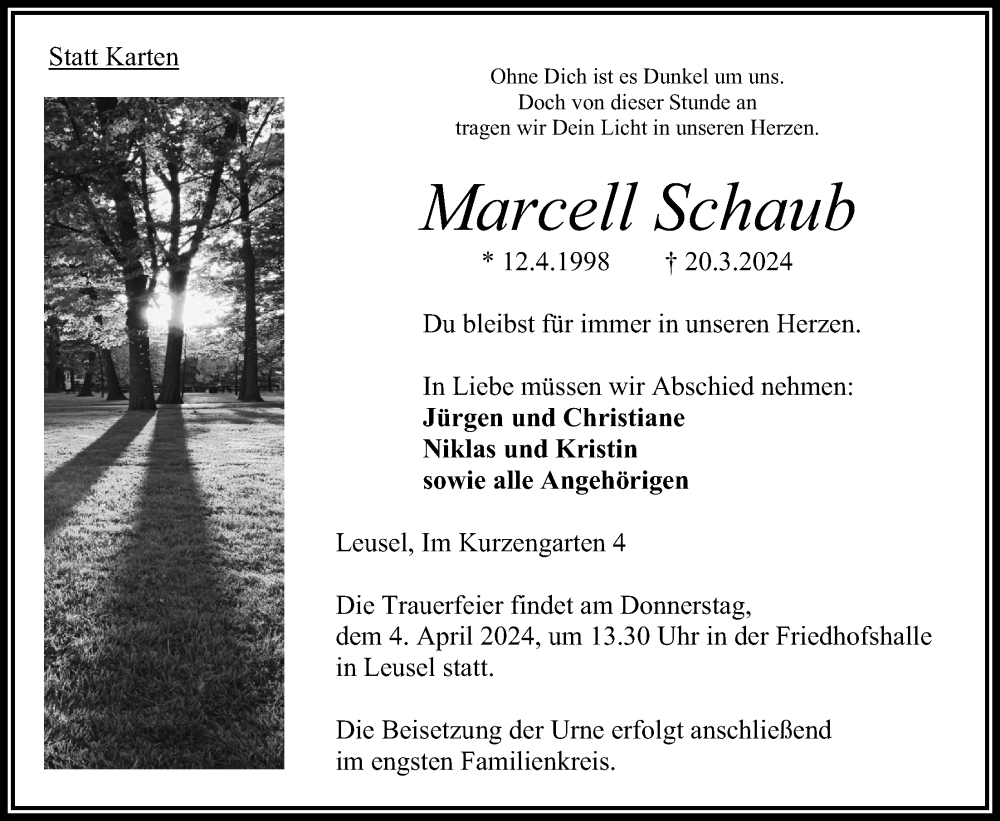  Traueranzeige für Marcell Schaub vom 30.03.2024 aus Oberhessische Zeitung