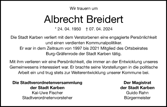 Traueranzeige von Albrecht Breidert von Wetterauer Zeitung