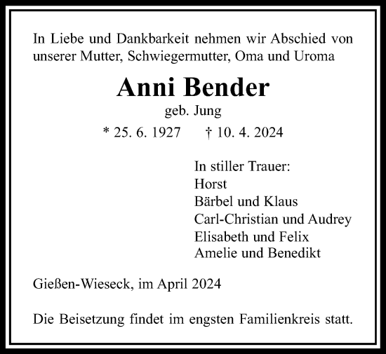 Traueranzeige von Anni Bender von Giessener Allgemeine, Alsfelder Allgemeine
