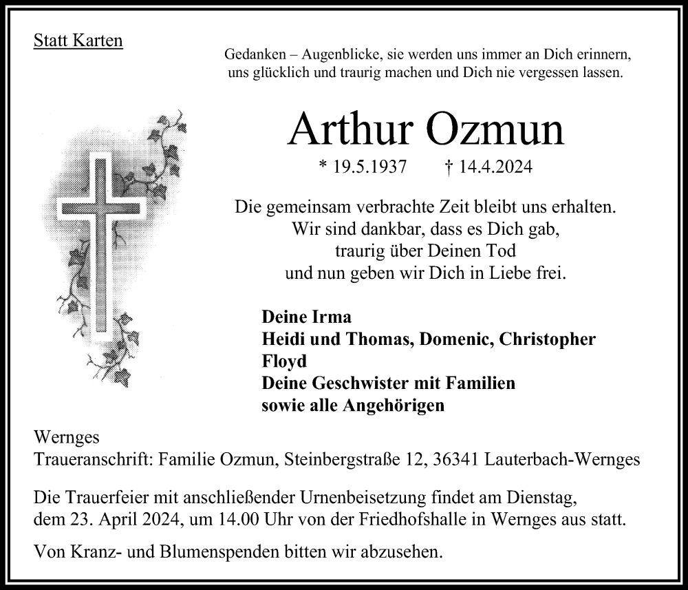  Traueranzeige für Arthur Ozmun vom 20.04.2024 aus Lauterbacher Anzeiger