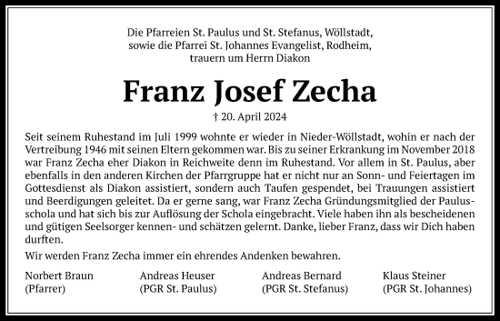 Traueranzeige von Franz Josef Zecha von Wetterauer Zeitung