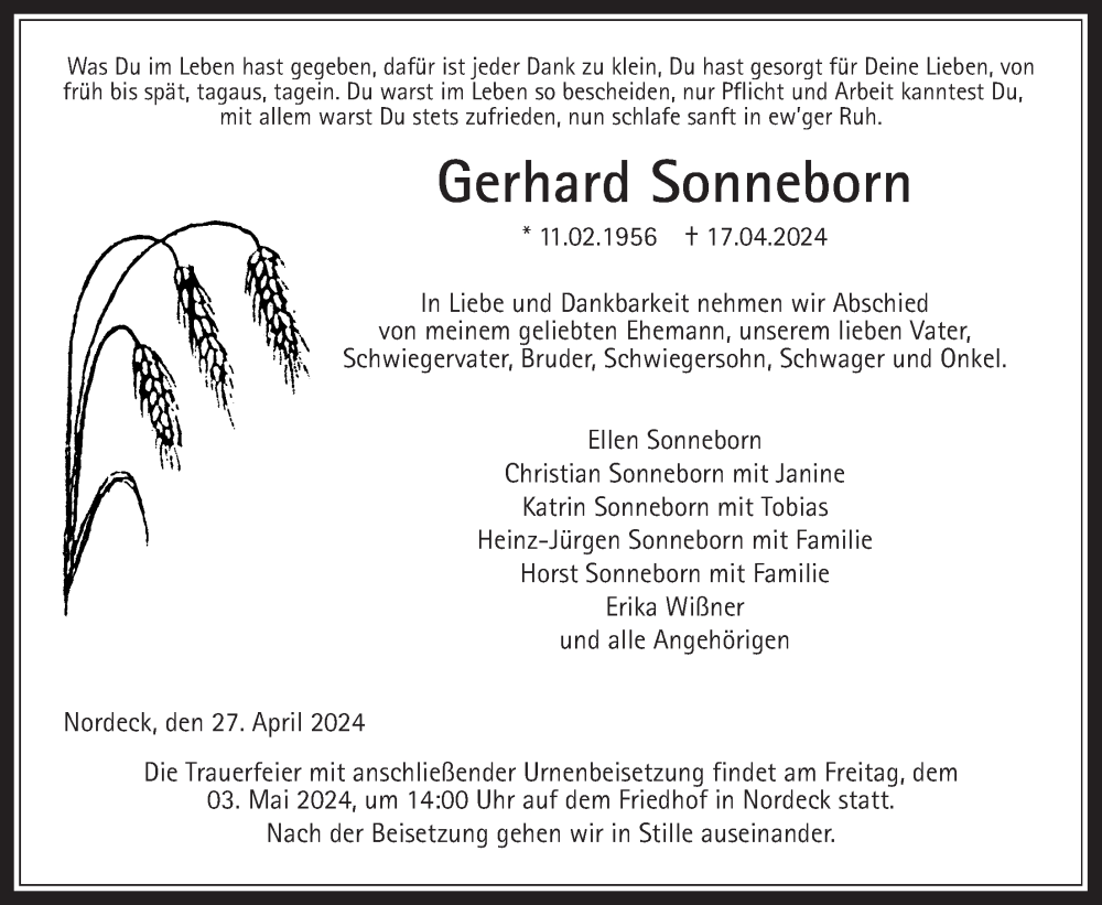  Traueranzeige für Gerhard Sonneborn vom 27.04.2024 aus Giessener Allgemeine, Alsfelder Allgemeine