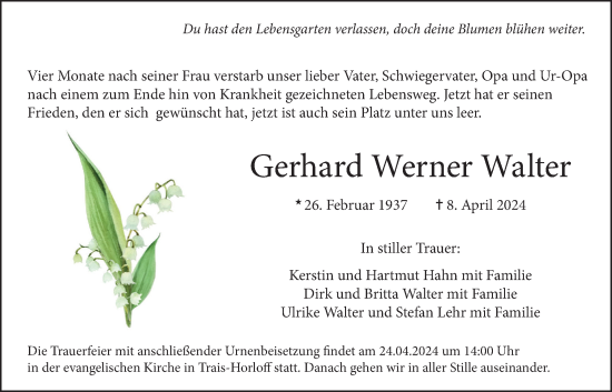 Traueranzeige von Gerhard Werner Walter von Giessener Allgemeine, Alsfelder Allgemeine
