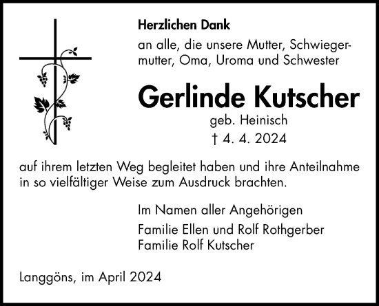 Traueranzeige von Gerline Kutscher von Giessener Allgemeine, Alsfelder Allgemeine