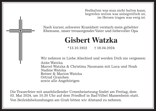 Traueranzeige von Gisbert Watzka von Bad Vilbel/Karben