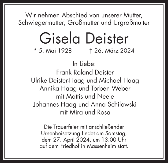 Traueranzeige von Gisela Deister von Bad Vilbel/Karben