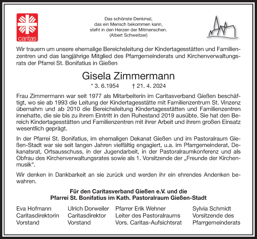  Traueranzeige für Gisela Zimmermann vom 27.04.2024 aus Giessener Allgemeine, Alsfelder Allgemeine, Giessener Anzeiger