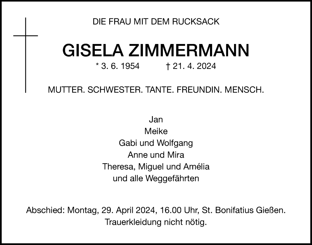  Traueranzeige für Gisela Zimmermann vom 25.04.2024 aus Giessener Allgemeine, Alsfelder Allgemeine, Giessener Anzeiger