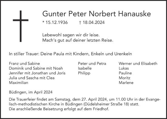 Traueranzeige von Gunter Peter Norbert Hanauske von Kreis-Anzeiger