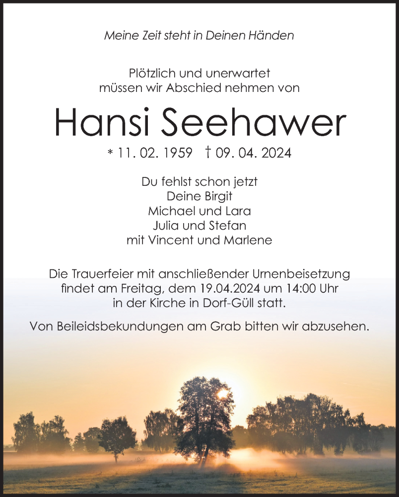  Traueranzeige für Hansi Seehawer vom 13.04.2024 aus Giessener Anzeiger, Giessener Allgemeine, Alsfelder Allgemeine