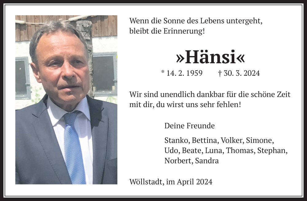  Traueranzeige für Heinz Suter vom 13.04.2024 aus Wetterauer Zeitung