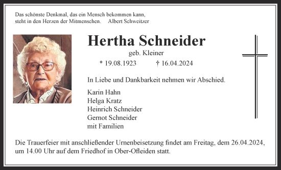 Traueranzeige von Hertha Schneider von Alsfelder Allgemeine, Oberhessische Zeitung, Giessener Allgemeine