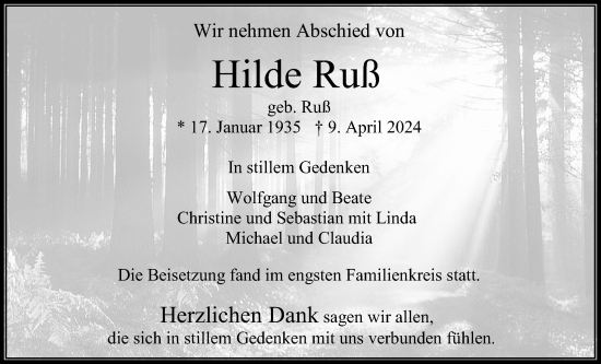 Traueranzeige von Hilde Ruß von Usinger Anzeiger