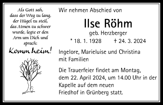 Traueranzeige von Ilse Röhm von Heimatzeitung Grünberg + Laubach