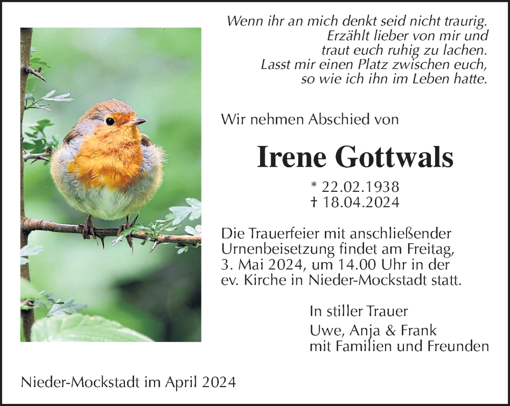  Traueranzeige für Irene Gottwals vom 27.04.2024 aus Wetterauer Zeitung