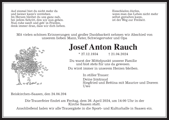 Traueranzeige von Josef Anton Rauch von Giessener Allgemeine, Alsfelder Allgemeine