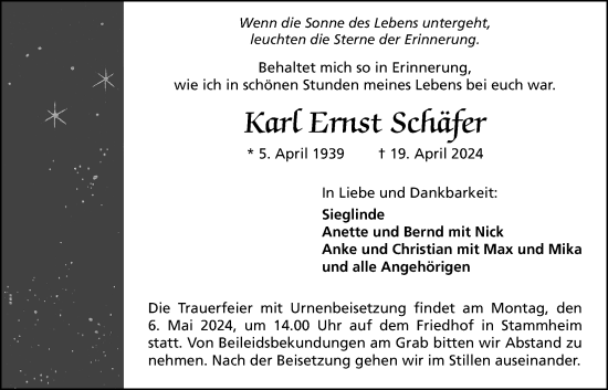 Traueranzeige von Karl Ernst Schäfer von Wetterauer Zeitung