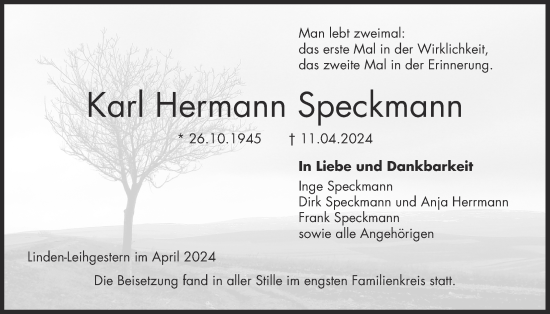 Traueranzeige von Karl Hermann Speckmann von Giessener Allgemeine, Alsfelder Allgemeine, Giessener Anzeiger