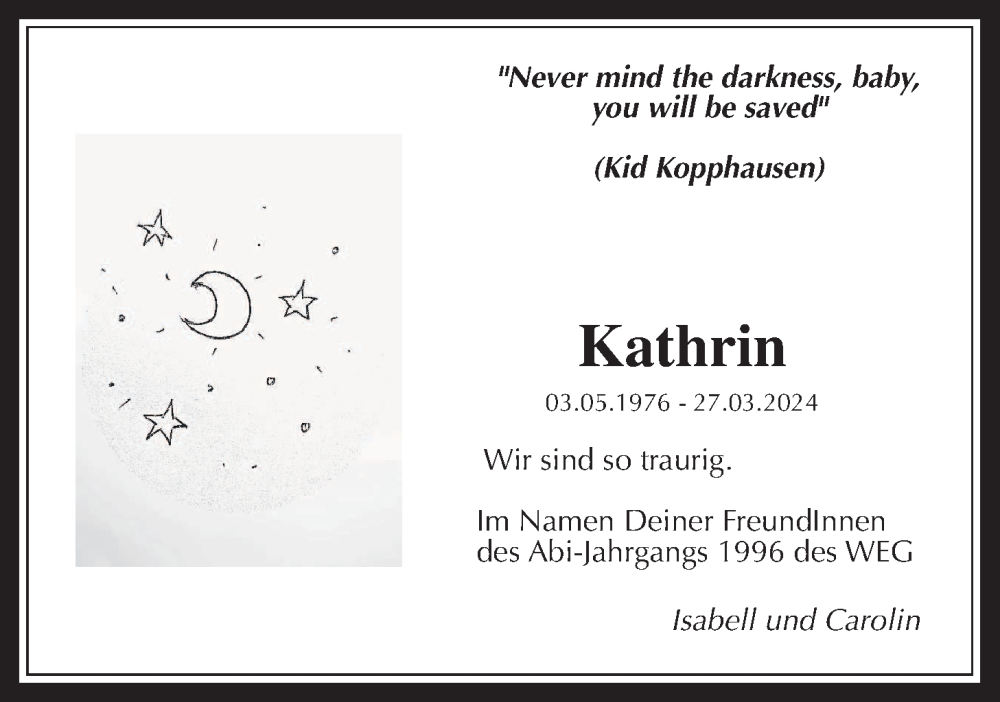  Traueranzeige für Kathrin Koch vom 03.04.2024 aus Wetterauer Zeitung