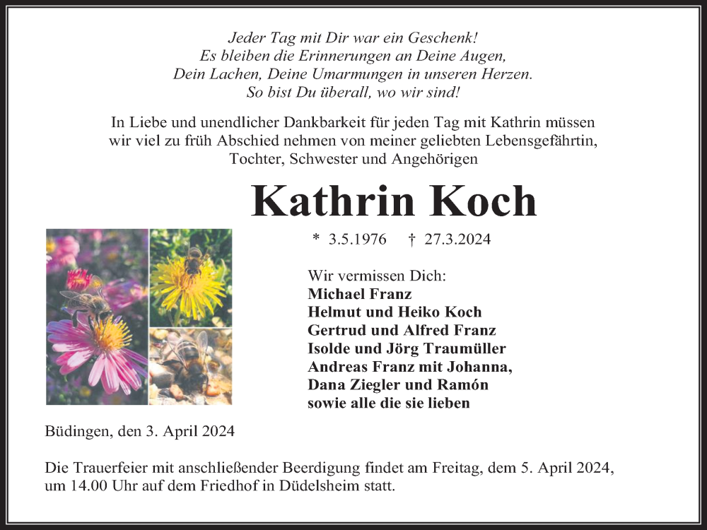  Traueranzeige für Kathrin Koch vom 03.04.2024 aus Kreis-Anzeiger