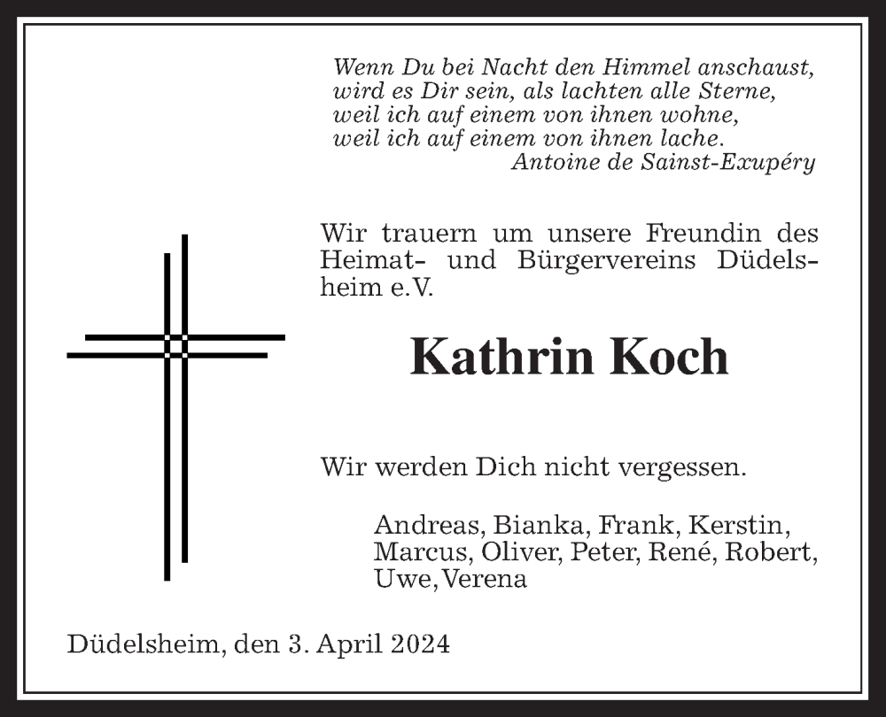  Traueranzeige für Kathrin Koch vom 03.04.2024 aus Kreis-Anzeiger